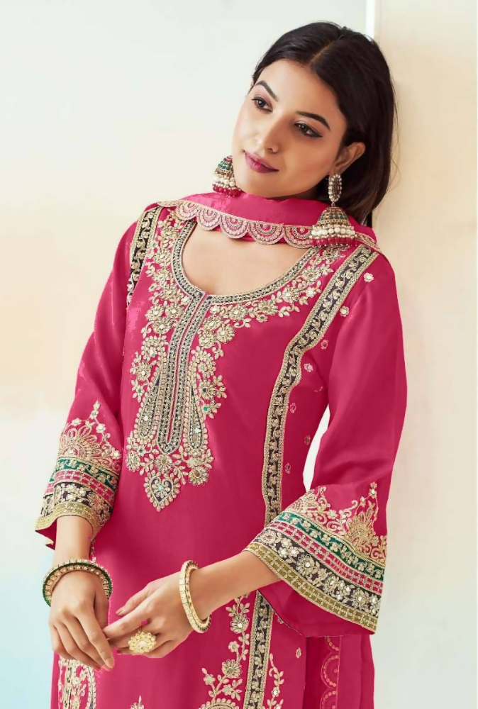 Lorenvalley Fashion Pink Chinon Embroidery With Sequince Work Salwar Kameez Stitched | Swadesiicart