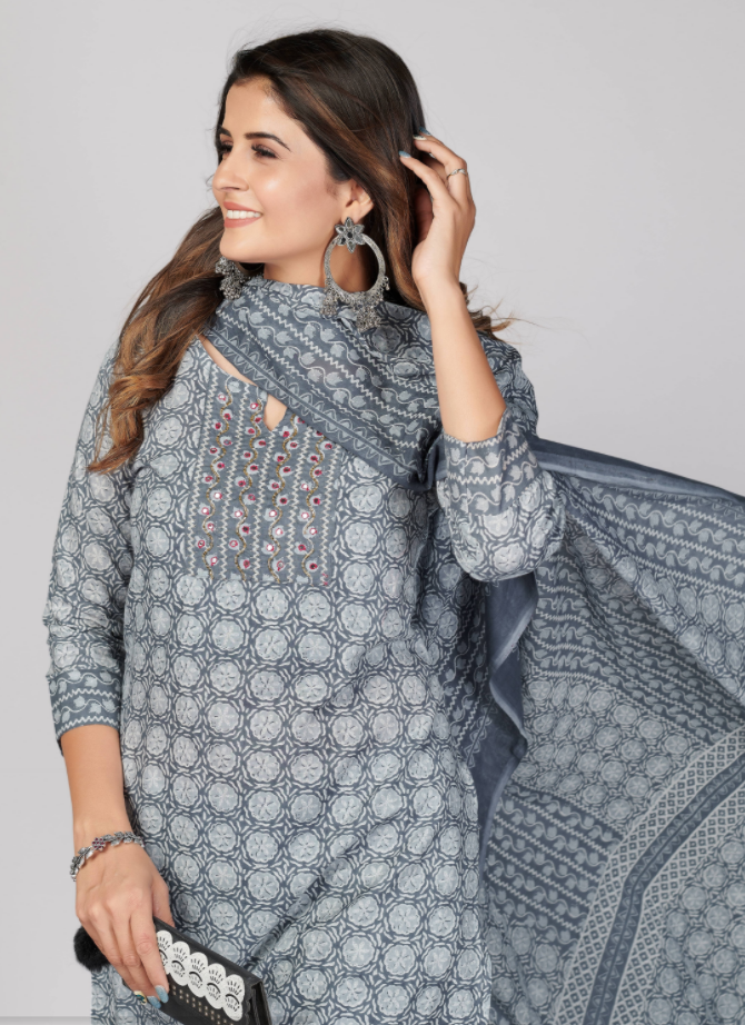 NOZ2TOZ Women's Printed & Embellished & Mirror Work Straight Cotton Grey Stitched Kurta Pant With Dupatta (3Pcs Set) - Swadesiicart
