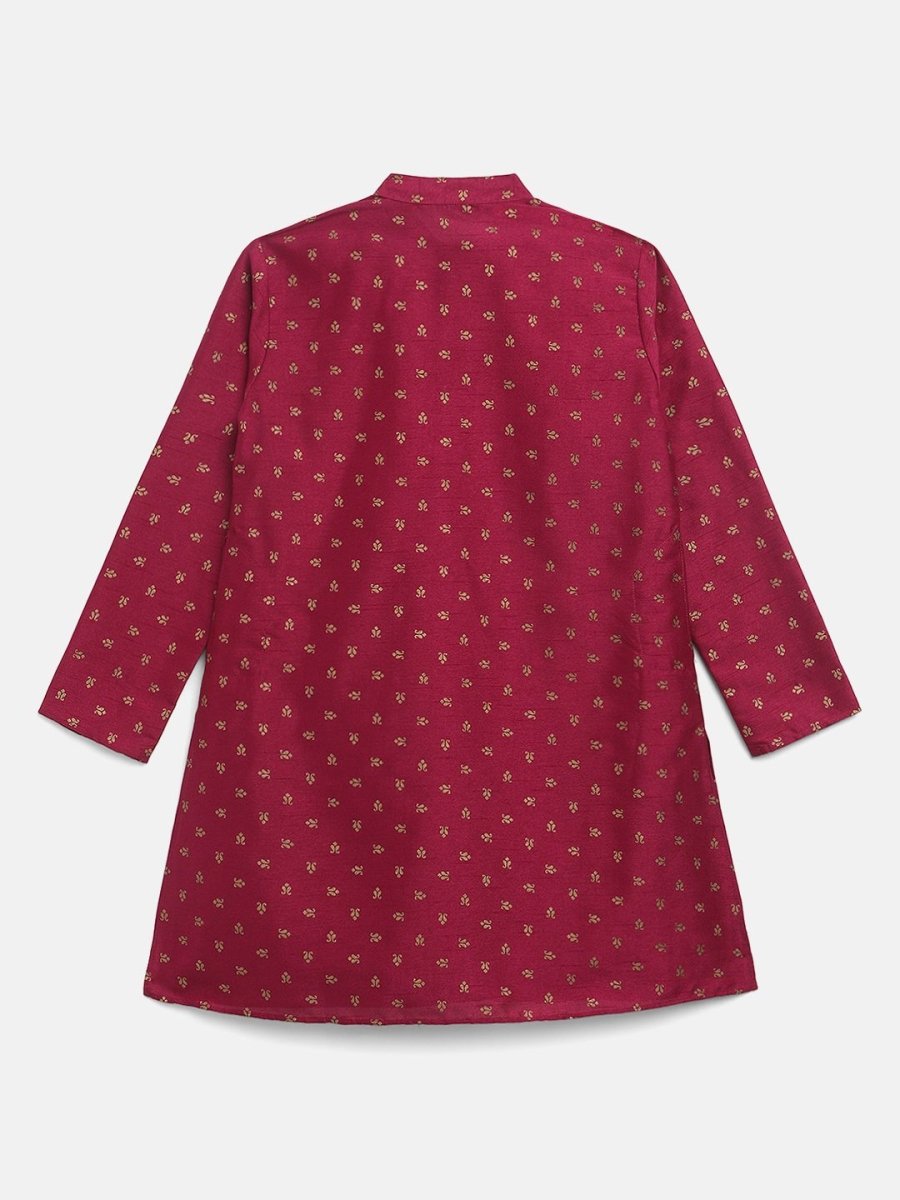 Ahalyaa Boys Wine Poly Silk Gold Printed Kids Kurta Churidar Set | Swadesiicart