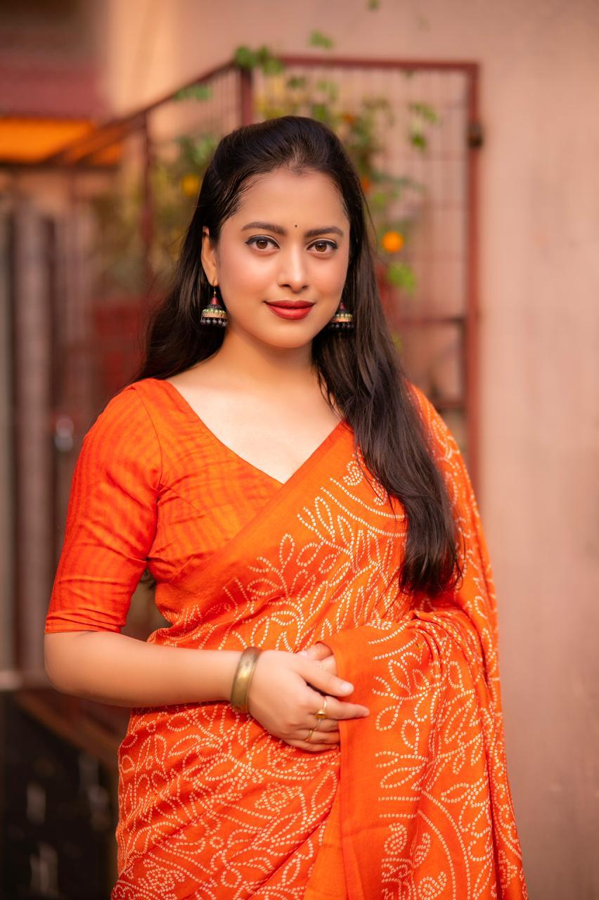 Orange Silk Blend Ajrak Saree with Unstitched Blouse - Hiral Fashion | Swadesiicart