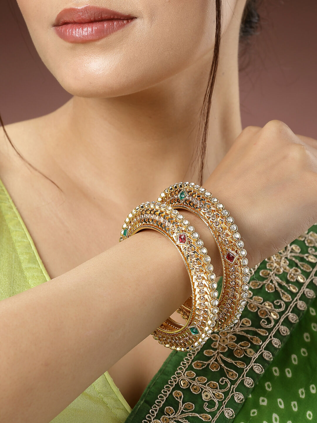NVR Women's Set of 2 Gold-Polished Kundan Traditional Bangles - NR Retail-NVR