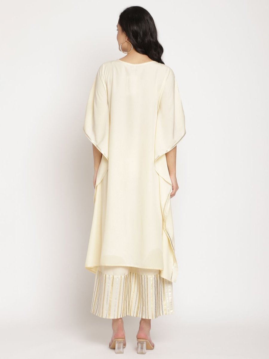 Ahalyaa Women Off White Printed Gotta Patti Kaftan Style Kurta With Palazzos | Swadesiicart