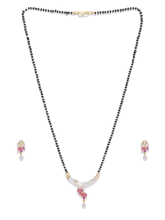 Priyaasi Women Gold-Polished American Diamond and Ruby Studded Mangalsutra Set with Earrings in Floral Pattern - Swadesiicart
