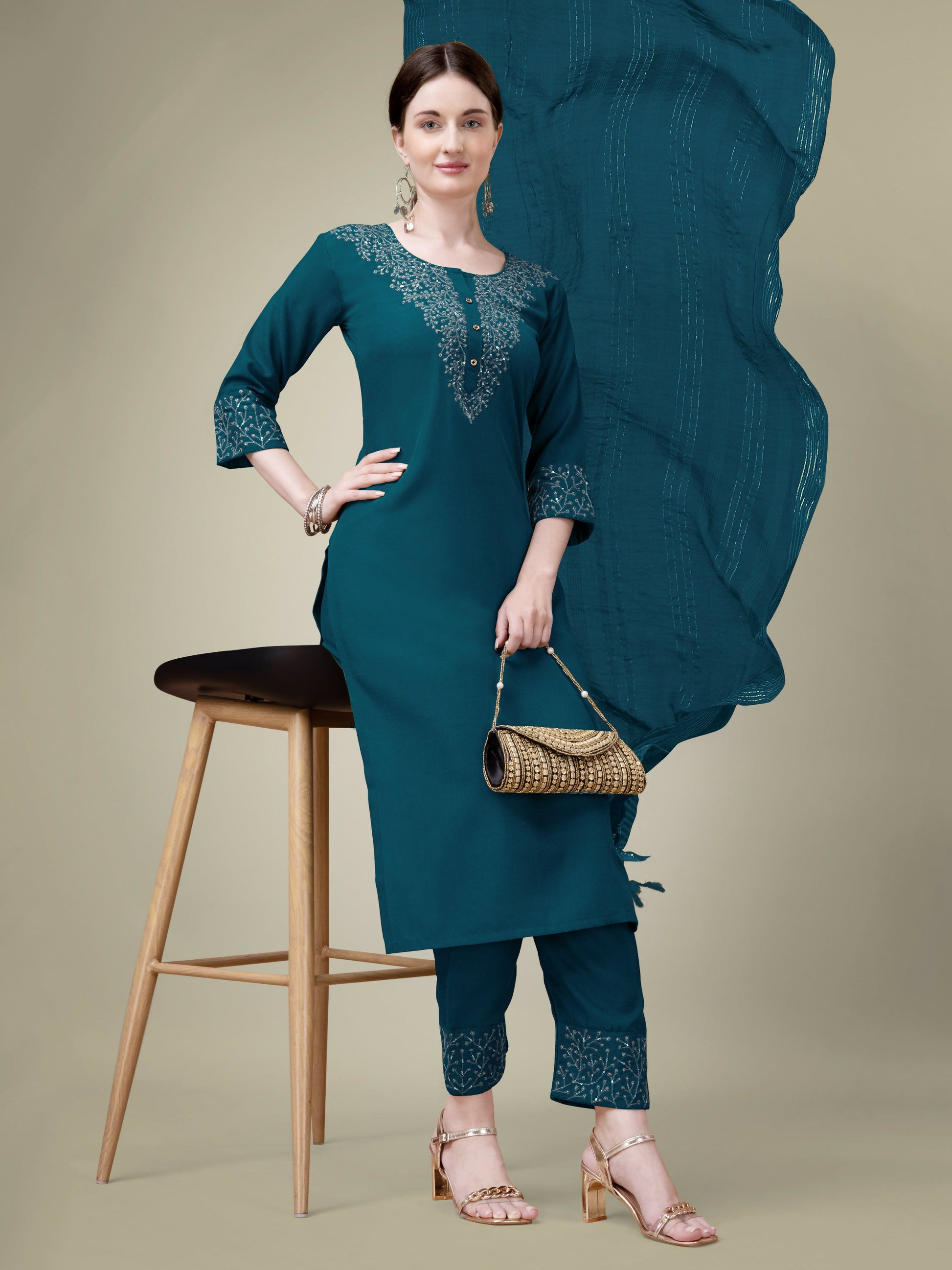 Jyoti Fashion Women's Morpich Cotton Blend Embroidery & Sequence work Kurta with Trouser & Dupatta | Swadesiicart