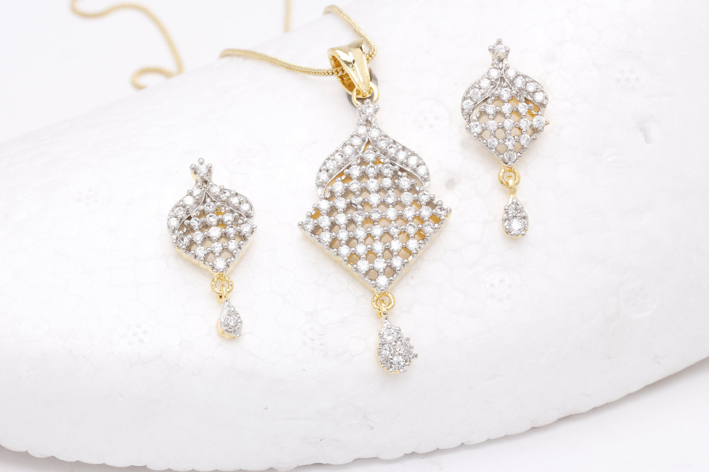 Gold-Polished Alloy American Diamond Pendant Necklace Set - The Pari - The Pari - Dinesh Associates