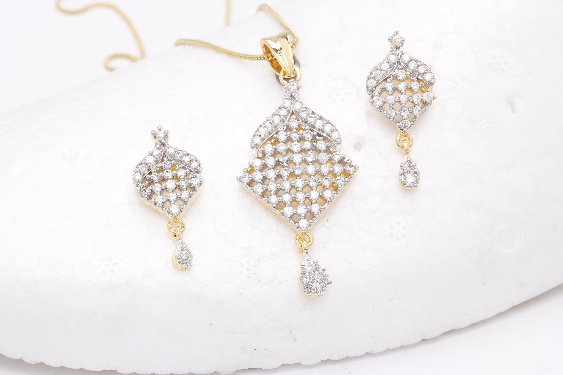 Gold-Polished Alloy American Diamond Pendant Necklace Set - The Pari - The Pari - Dinesh Associates