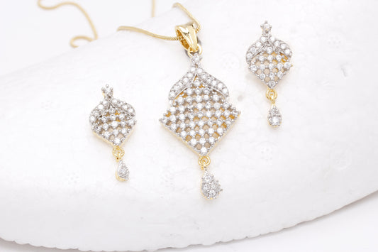 Gold-Polished Alloy American Diamond Pendant Necklace Set - The Pari - The Pari - Dinesh Associates