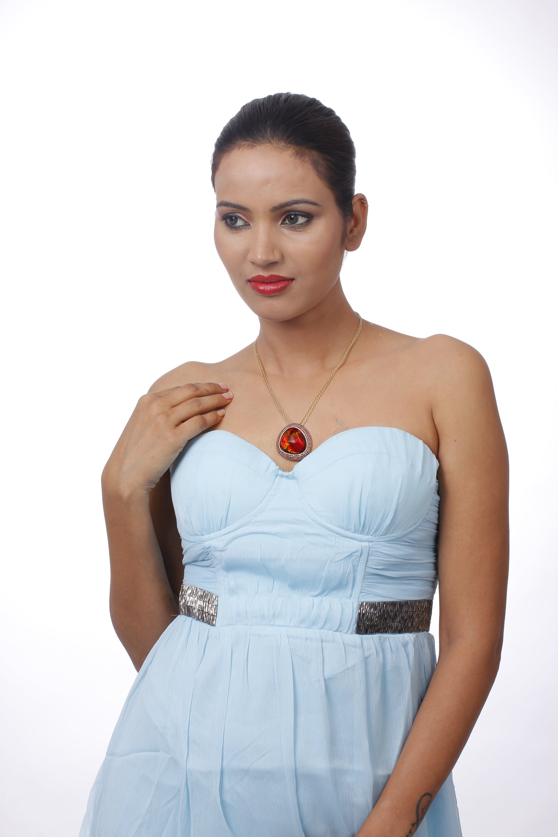 Gold-Polished Alloy Assymetric Stone Studded Pendant Necklace - The Pari | Swadesiicart