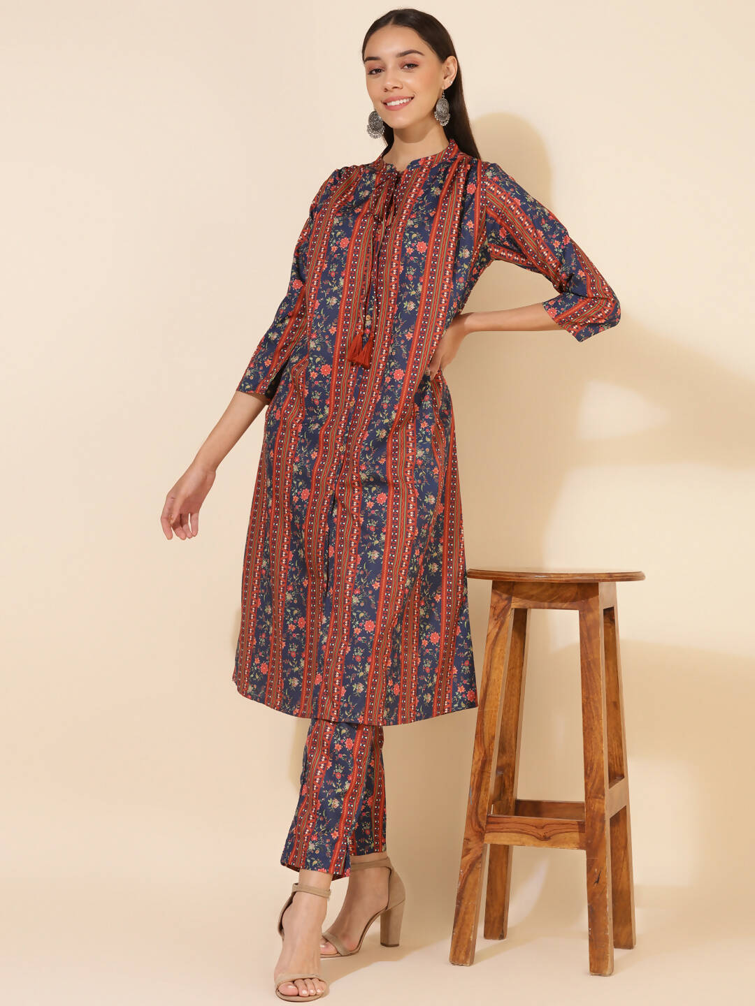 Janasya Women's Blue Crepe Digital Floral Printed Festive A-line Co-ords - Swadesiicart