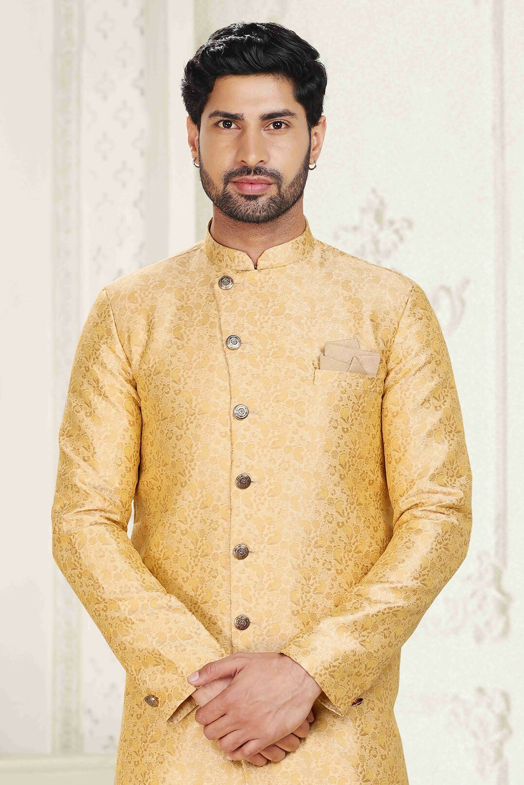 Raivat Ethnic Banarasi Jacquard Embroidery Semi Indo Western Sherwani In Cream Beige Colour | Swadesiicart