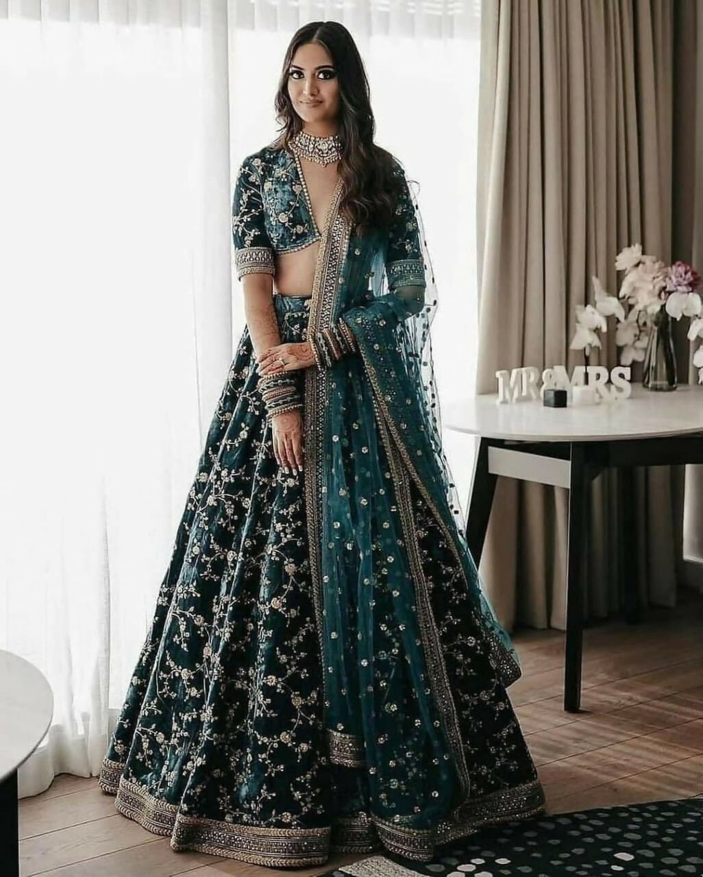 Jyoti Fashion Bottle Green Cording & Sequence Embroidery Velvet Lehenga Choli with Dupatta | Swadesiicart