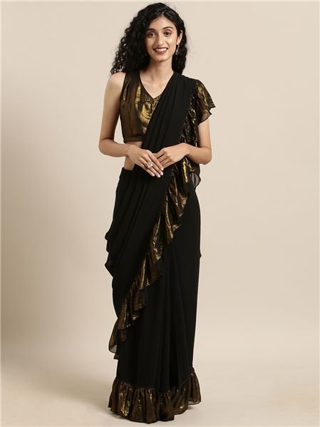 Ahalyaa Women's Black Georgette Ruffles Ready to Wear Saree | Swadesiicart