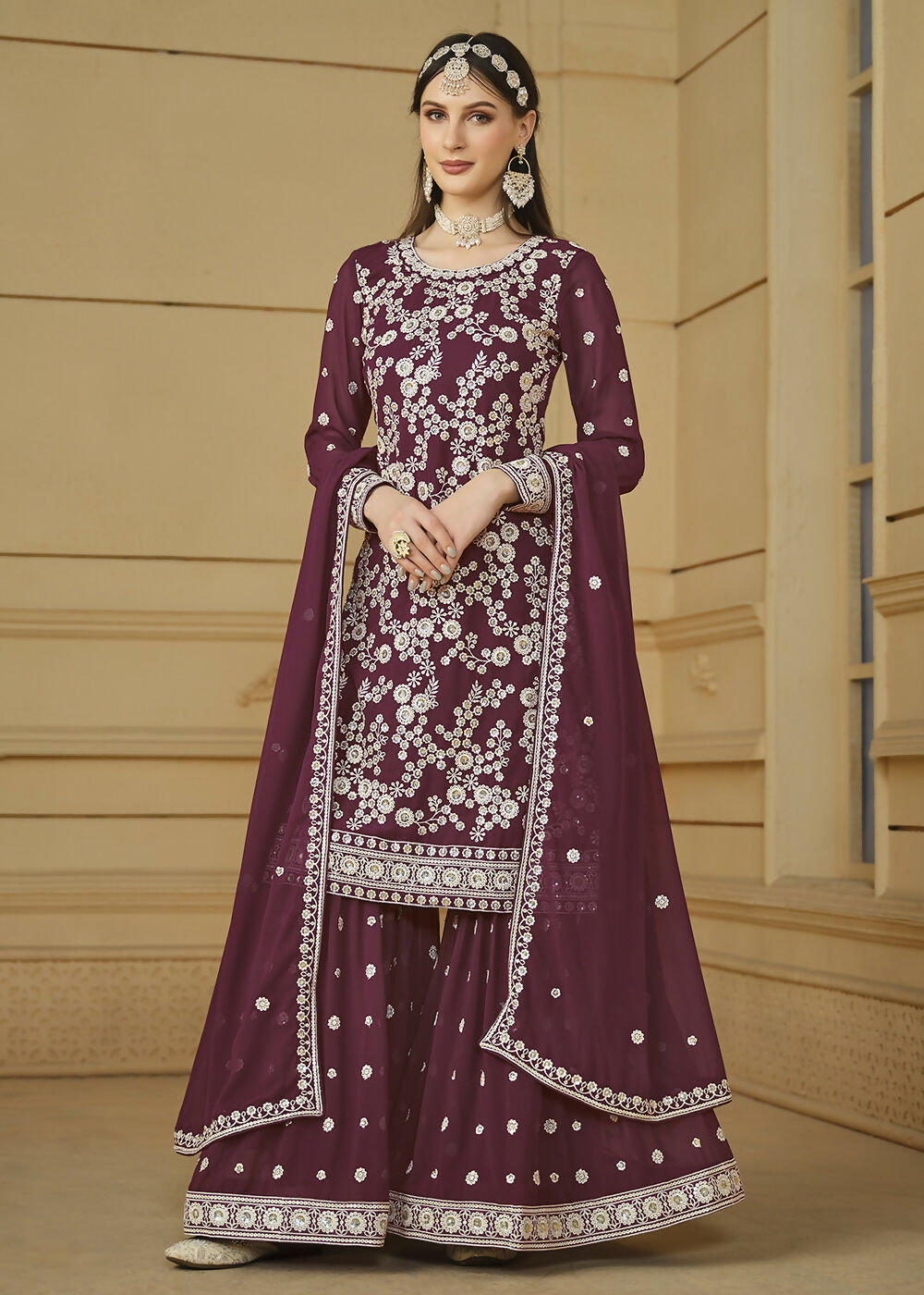 Burgundy Wine Embroidered Georgette Gharara Style Suit - Emponline | Swadesiicart