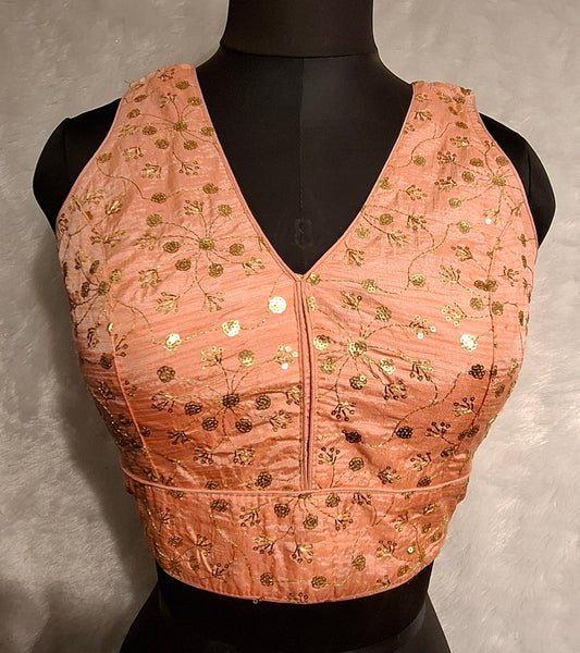 Kia Fashions Peach Twin Tone Golden All Over Sequins Readymade Blouse - Swadesiicart