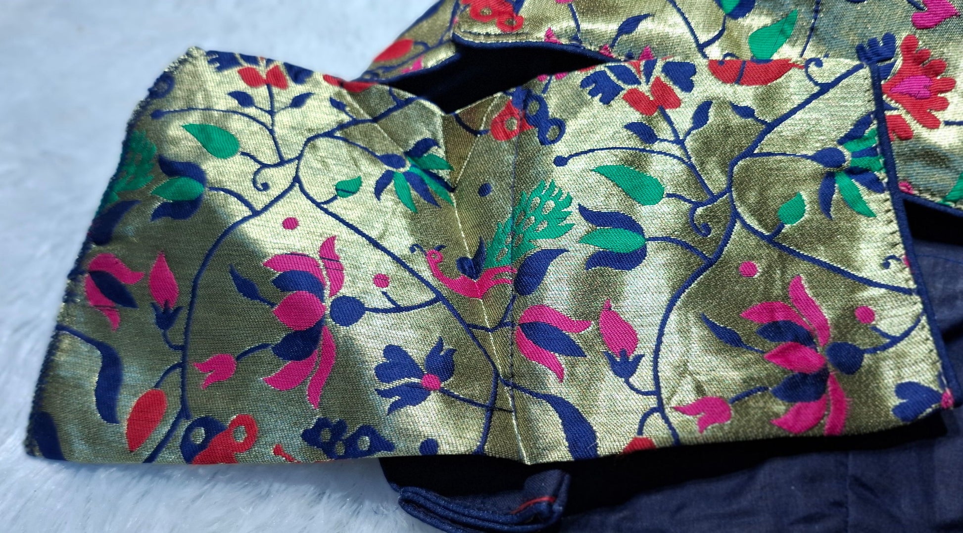 Kia Fashions Navy Blue Jacquard Weave Multi Color Paithani Readymade Blouse - Swadesiicart