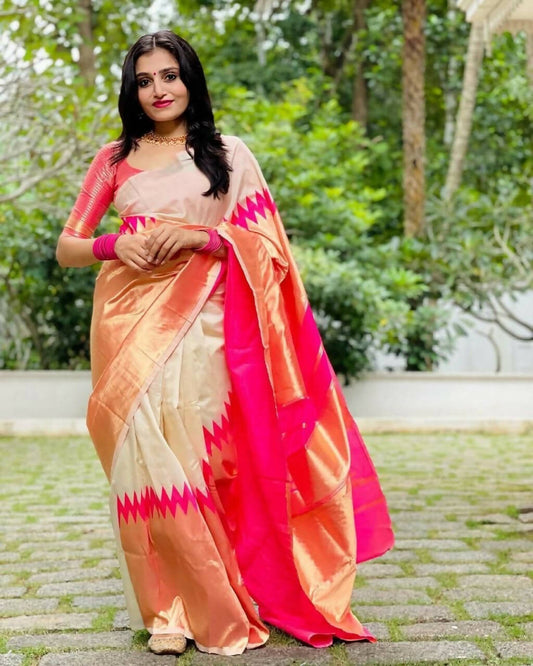 DEIANA'S Beautiful Designer Golden zari Soft Lichi Silk Saree - White - Swadesiicart
