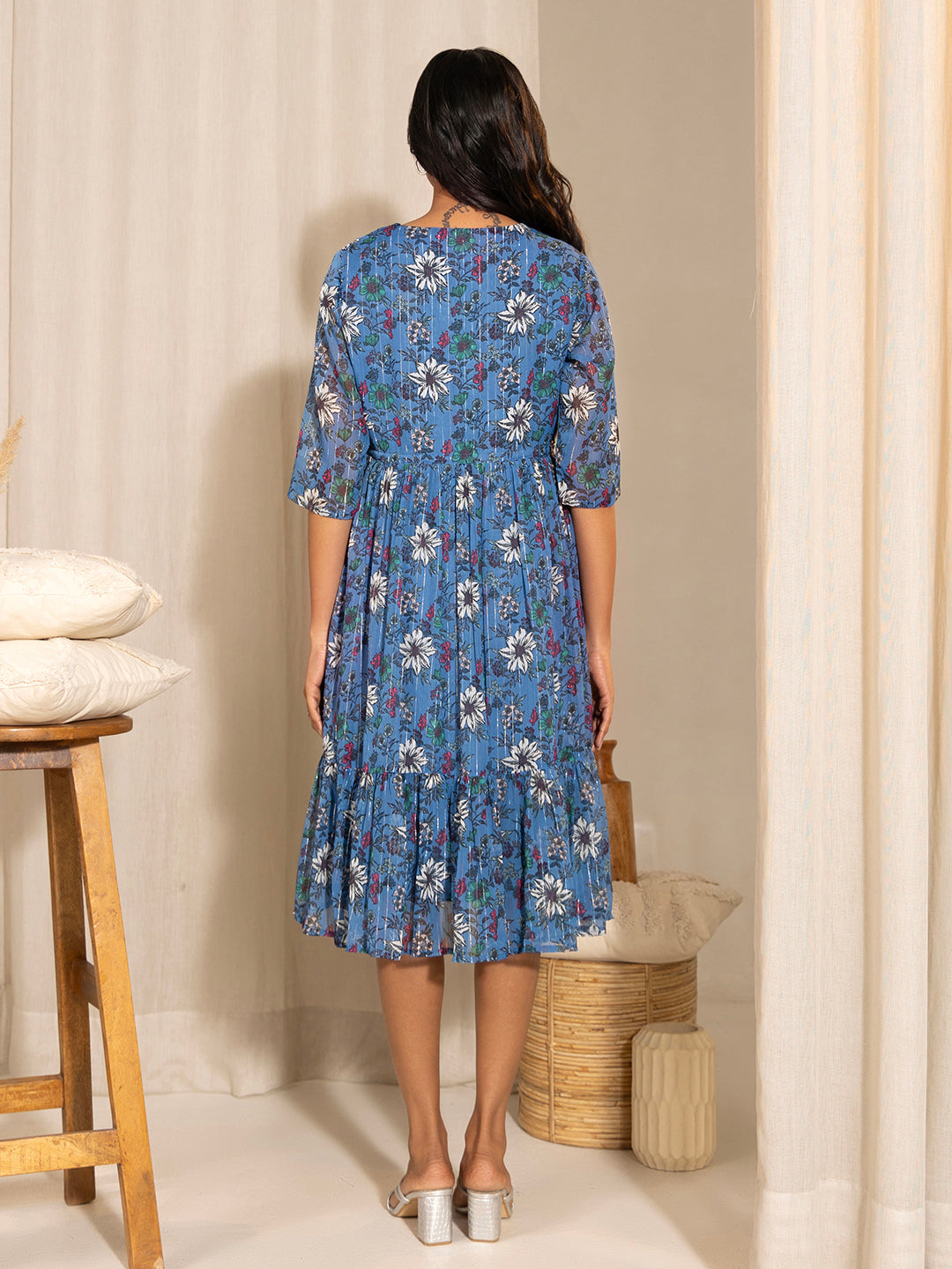 Janasya Blue Poly Georgette Floral Printed Casual Maternity Dress | Swadesiicart