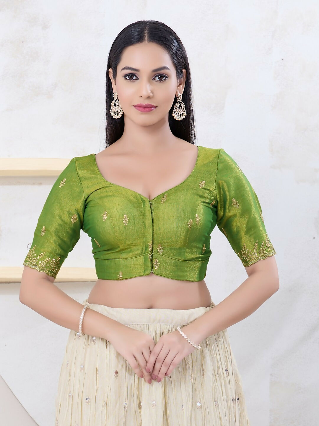 Joban Fashion Green Shimmer Elbow Sleeveless Front Open Blouse - Swadesiicart