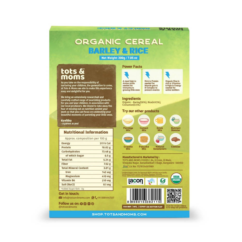 Tots and Moms Organic Cereal Barley & Rice Cereal - Swadesiicart