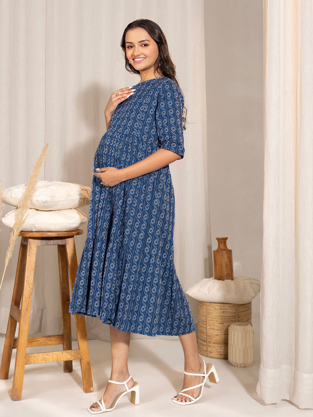 Janasya Blue Cotton Woven Design Casual Maternity Dress | Swadesiicart