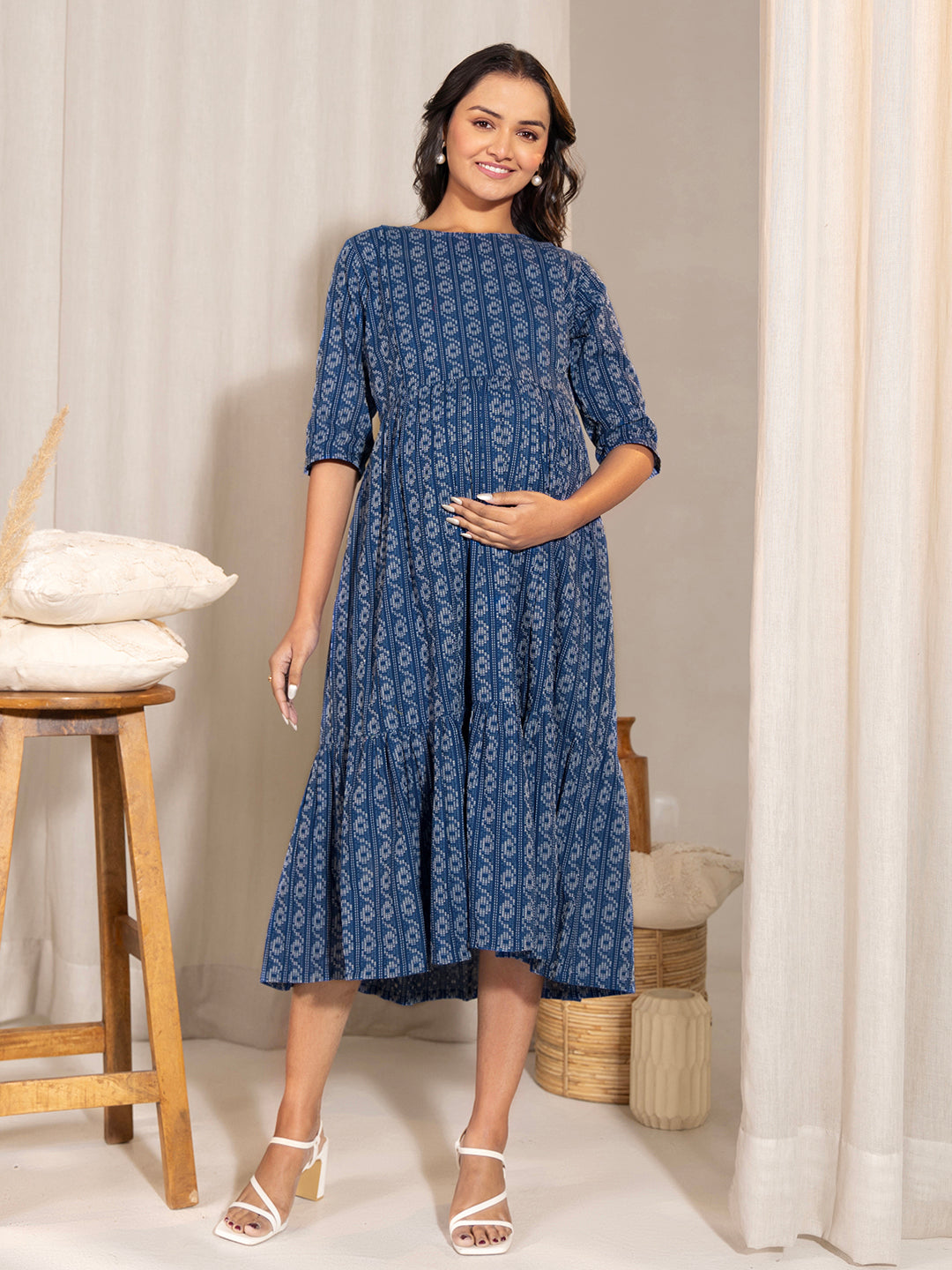 Janasya Blue Cotton Woven Design Casual Maternity Dress | Swadesiicart