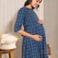Janasya Blue Cotton Woven Design Casual Maternity Dress | Swadesiicart