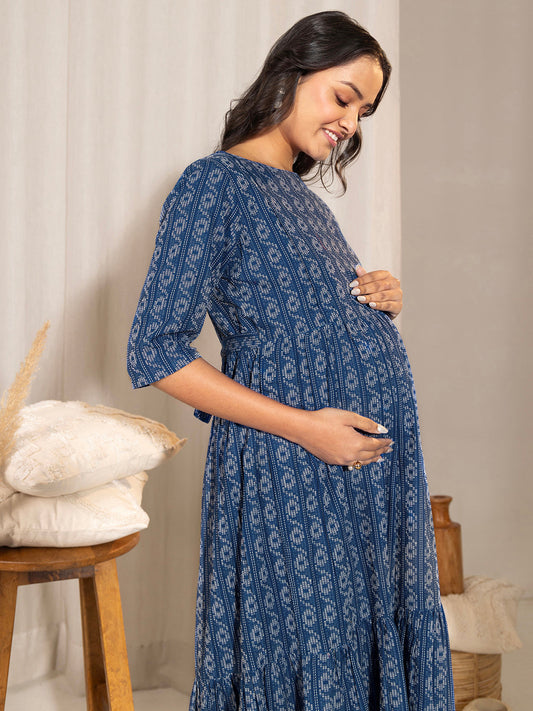 Janasya Blue Cotton Woven Design Casual Maternity Dress | Swadesiicart