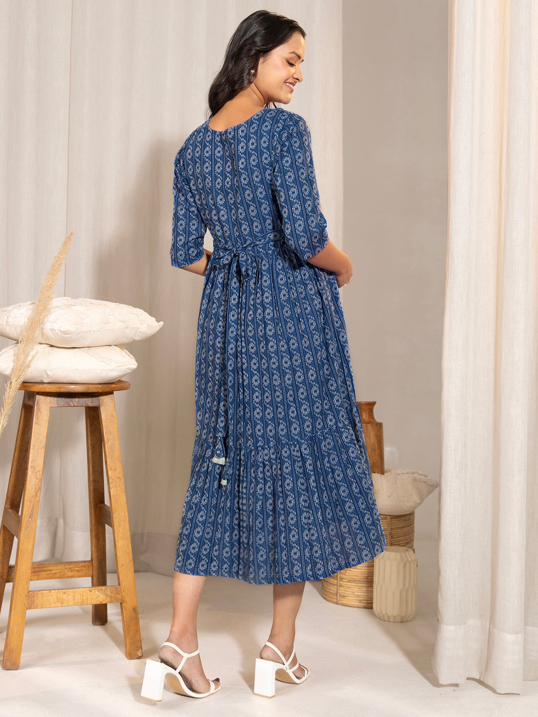Janasya Blue Cotton Woven Design Casual Maternity Dress | Swadesiicart