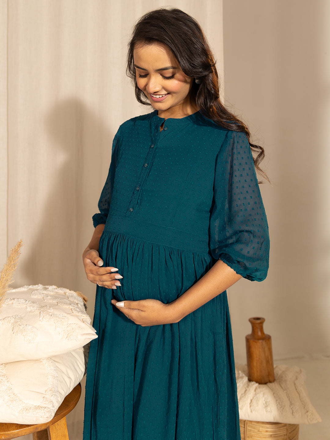 Janasya Teal Dobby Georgette Self Design Casual Maternity Kurta | Swadesiicart