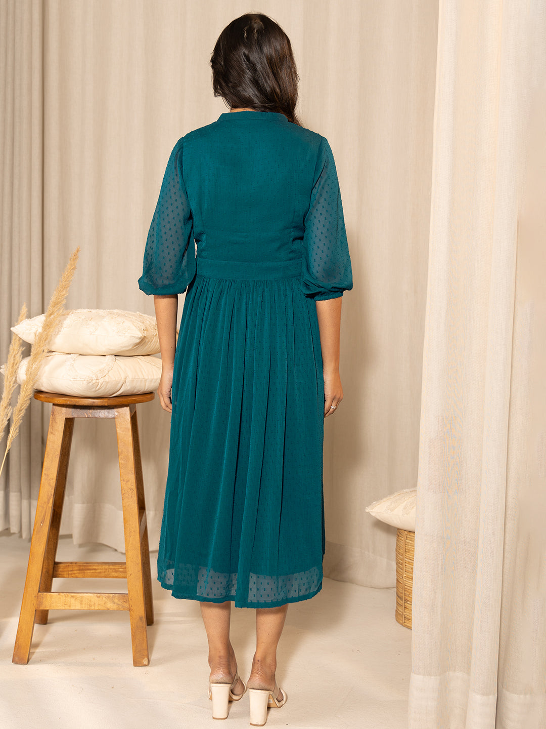 Janasya Teal Dobby Georgette Self Design Casual Maternity Kurta | Swadesiicart