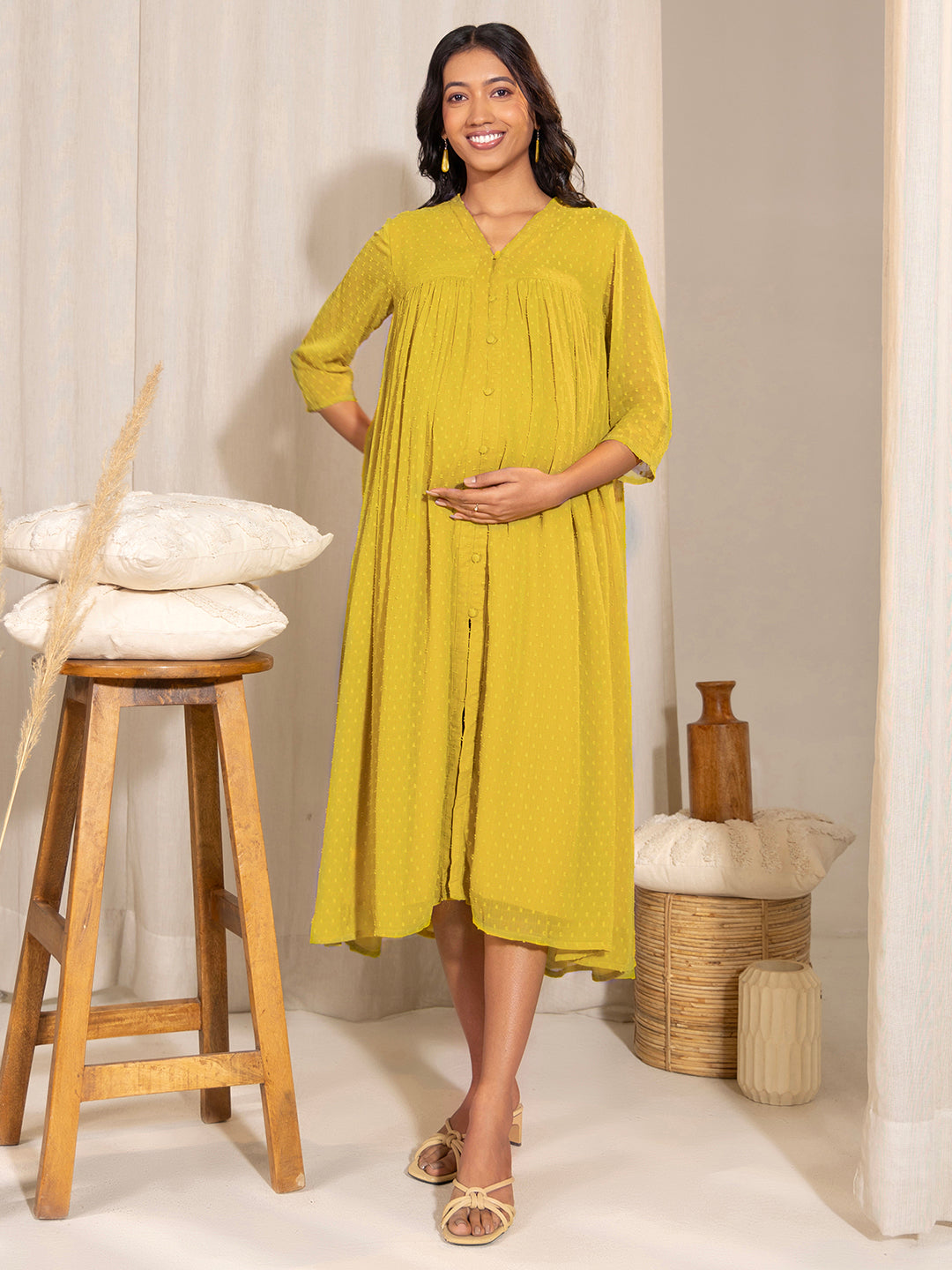 Janasya Yellow Dobby Georgette Self Design Casual Maternity Kurta | Swadesiicart