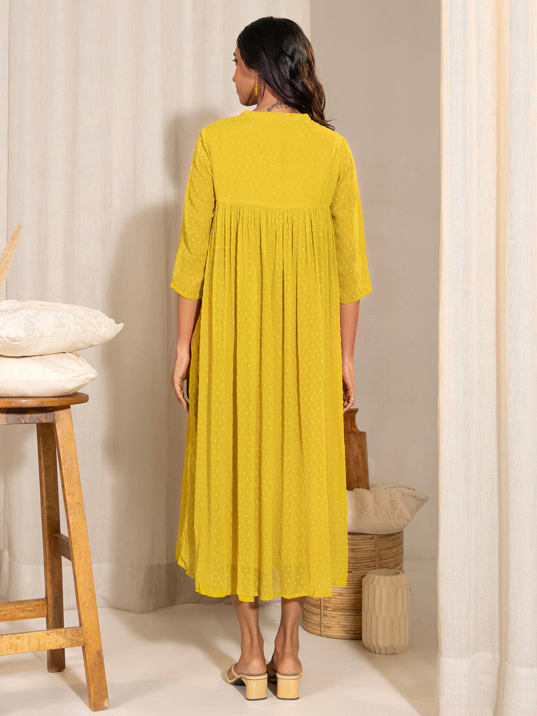 Janasya Yellow Dobby Georgette Self Design Casual Maternity Kurta | Swadesiicart