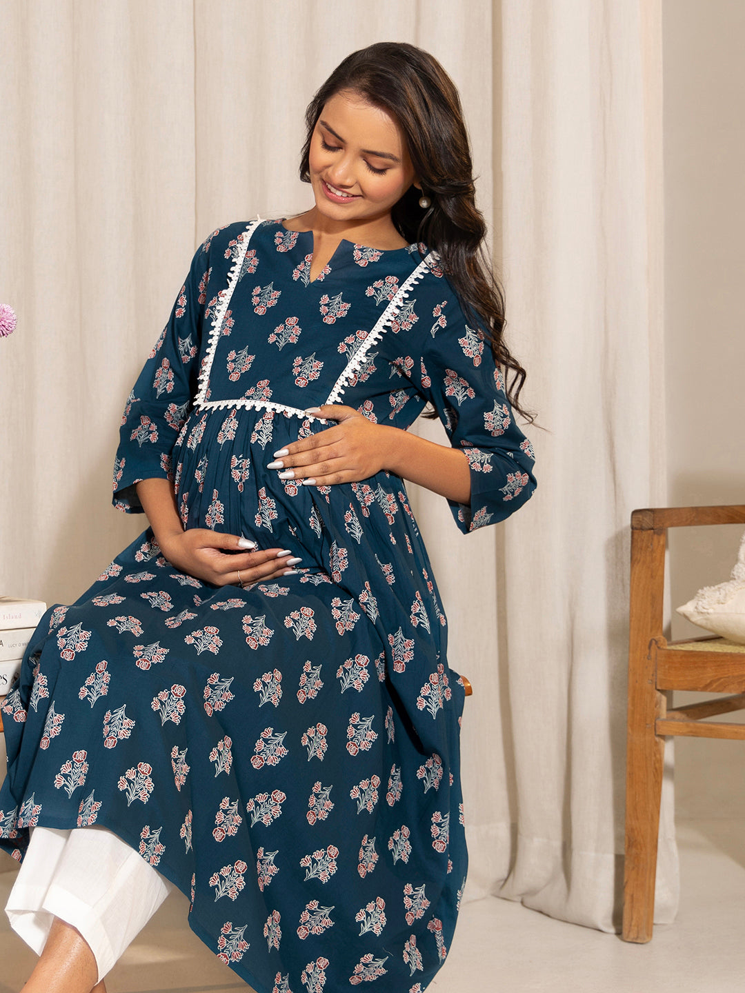 Janasya Teal Cotton Floral Fit & Flare Kurta | Swadesiicart