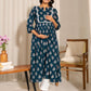 Janasya Teal Cotton Floral Fit & Flare Kurta | Swadesiicart