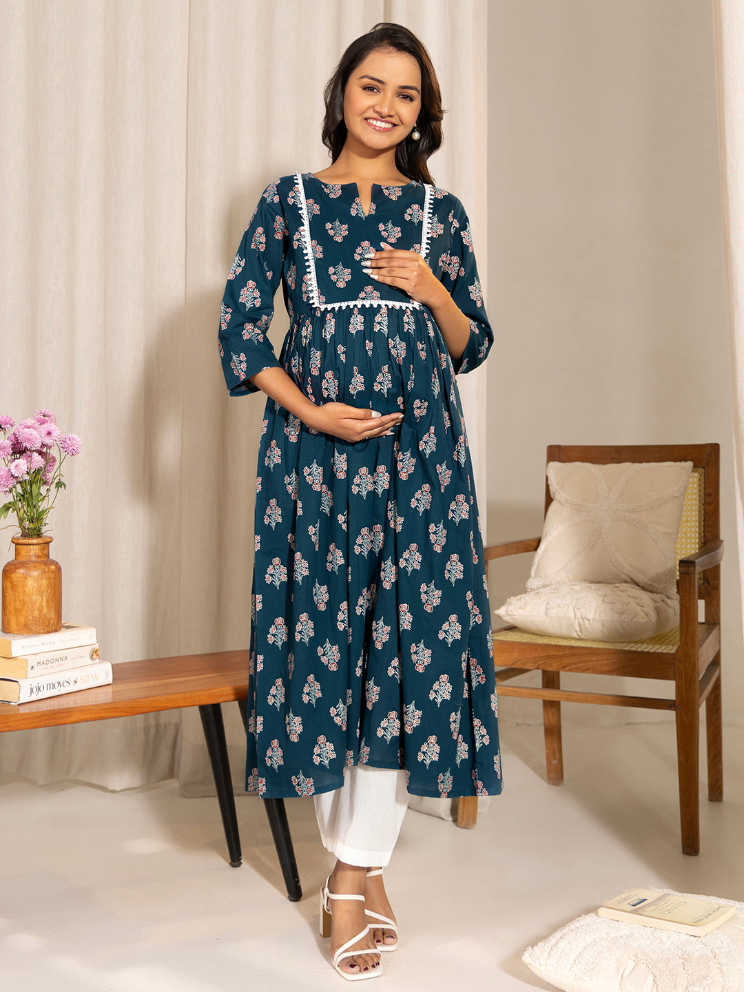 Janasya Teal Cotton Floral Fit & Flare Kurta | Swadesiicart