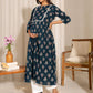 Janasya Teal Cotton Floral Fit & Flare Kurta | Swadesiicart