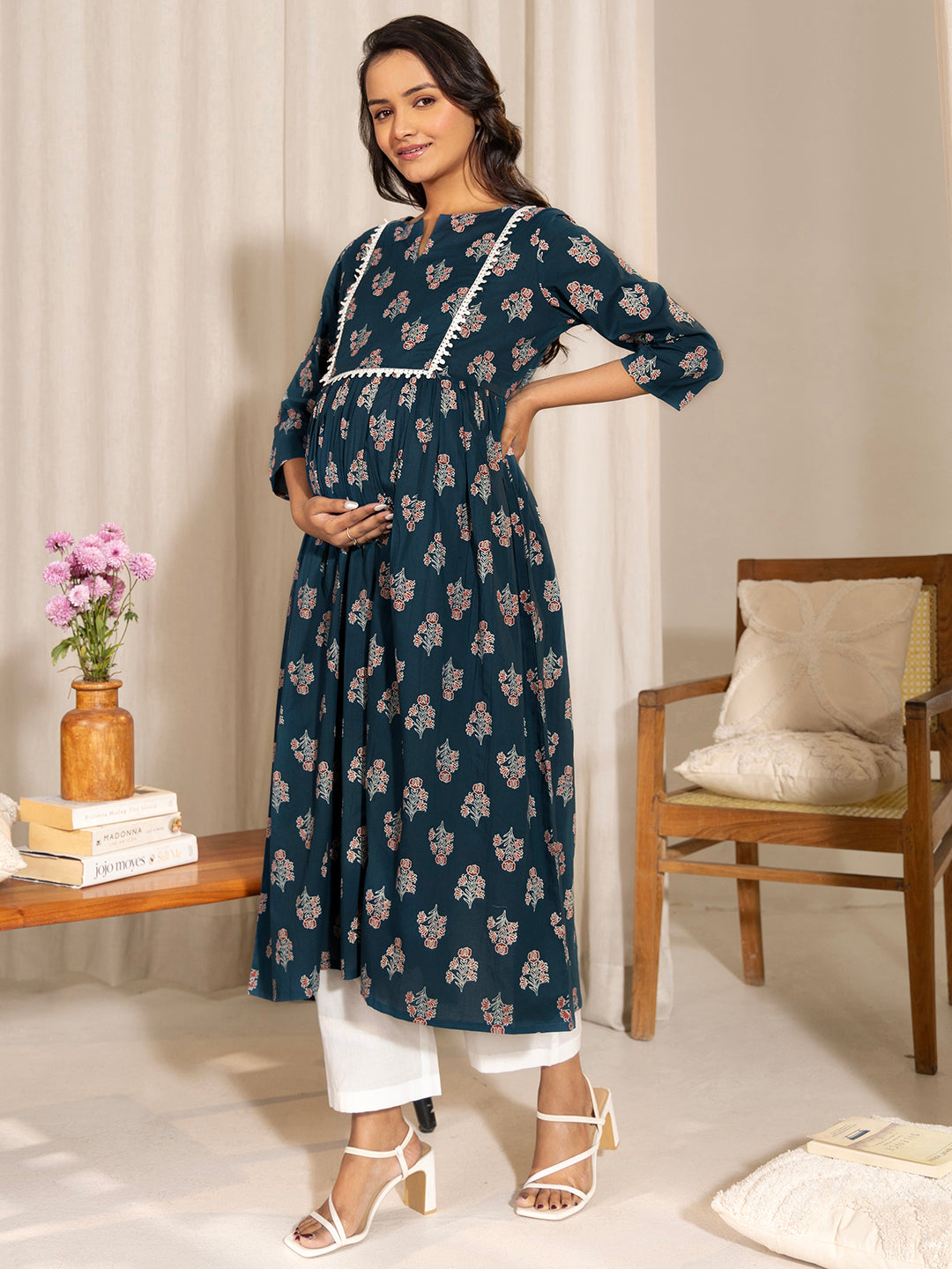 Janasya Teal Cotton Floral Fit & Flare Kurta | Swadesiicart