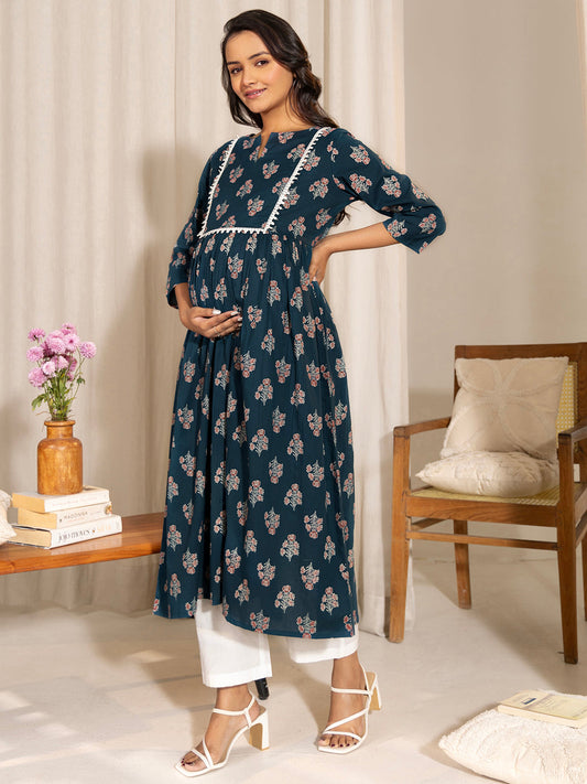 Janasya Teal Cotton Floral Fit & Flare Kurta | Swadesiicart