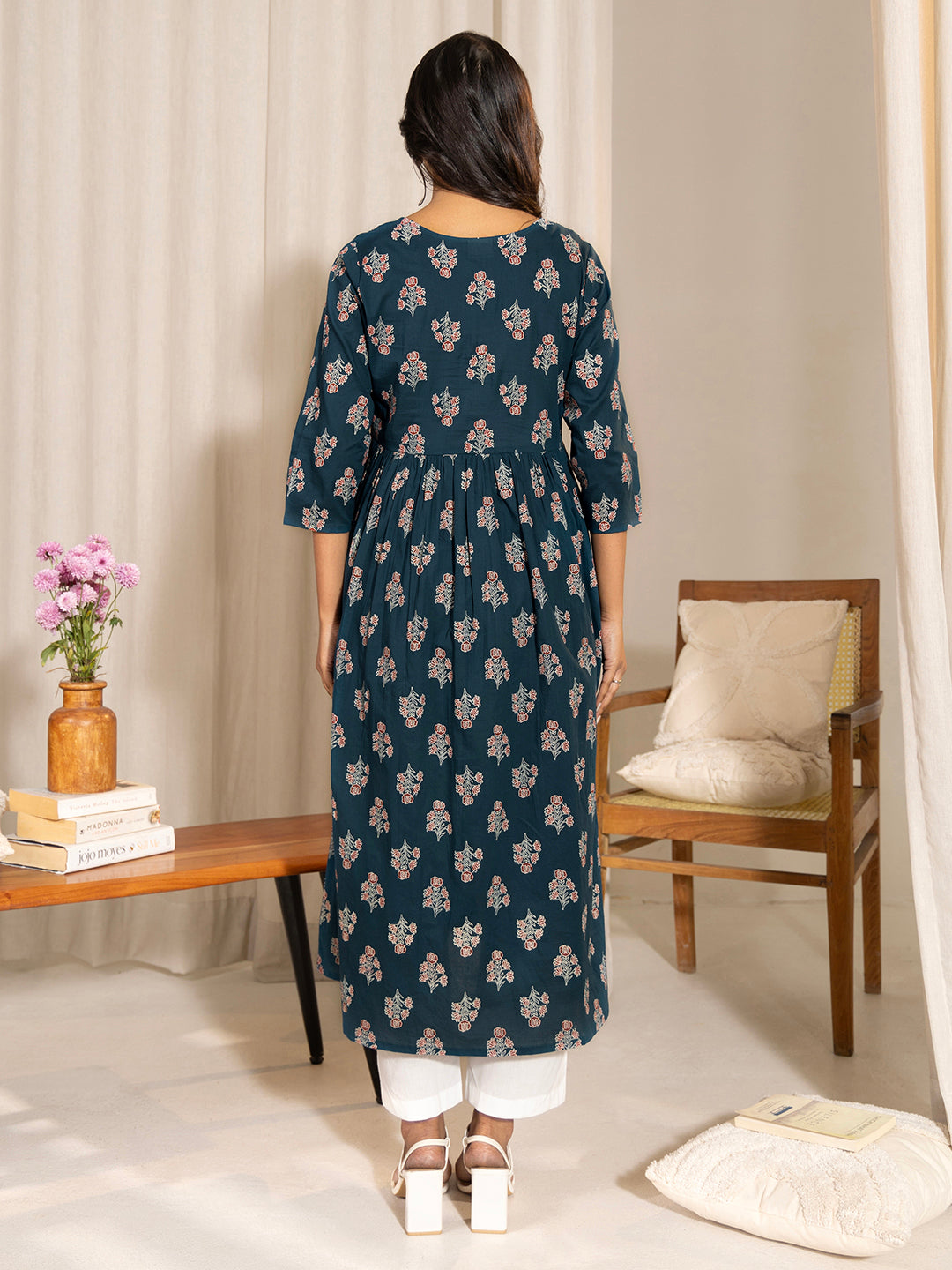 Janasya Teal Cotton Floral Fit & Flare Kurta | Swadesiicart