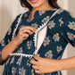 Janasya Teal Cotton Floral Fit & Flare Kurta | Swadesiicart