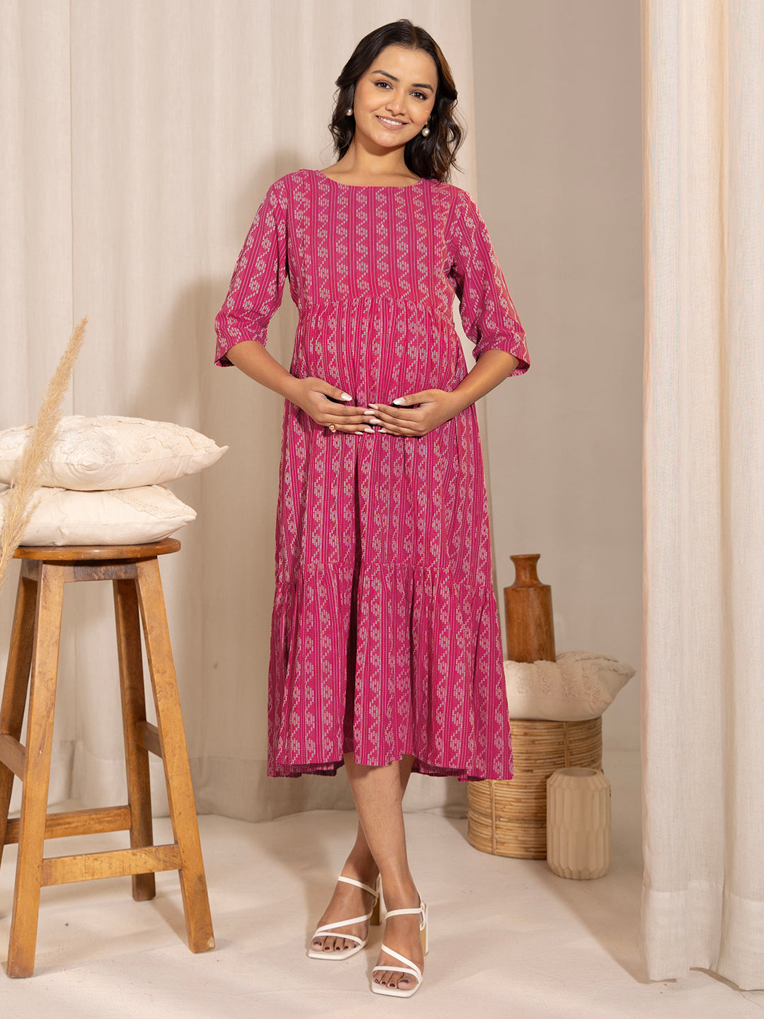 Janasya Pink Cotton Woven Design Casual Maternity Dress | Swadesiicart