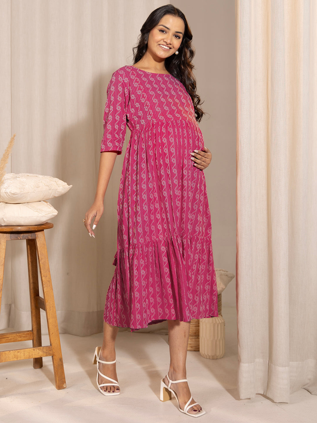 Janasya Pink Cotton Woven Design Casual Maternity Dress | Swadesiicart