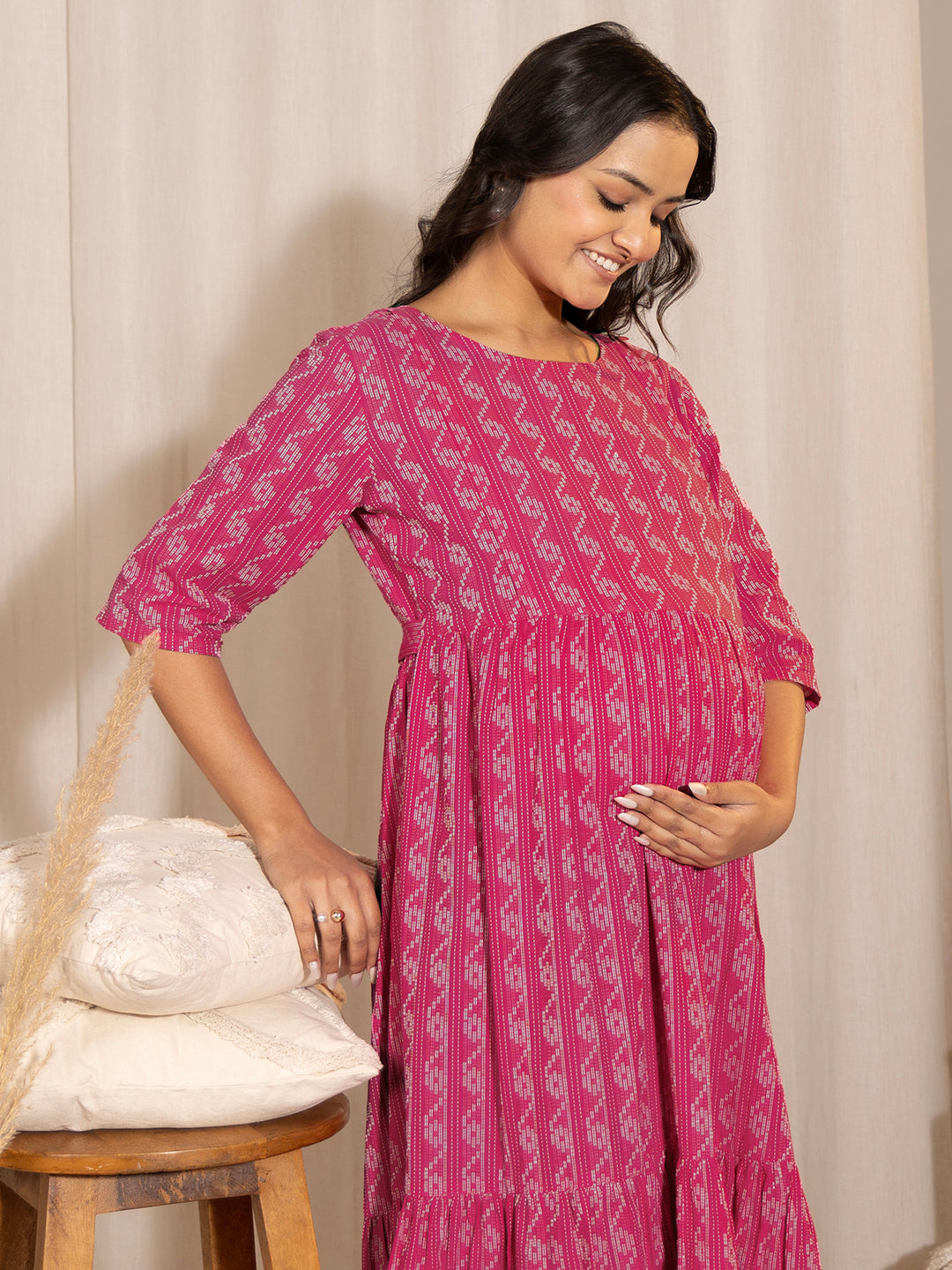 Janasya Pink Cotton Woven Design Casual Maternity Dress | Swadesiicart