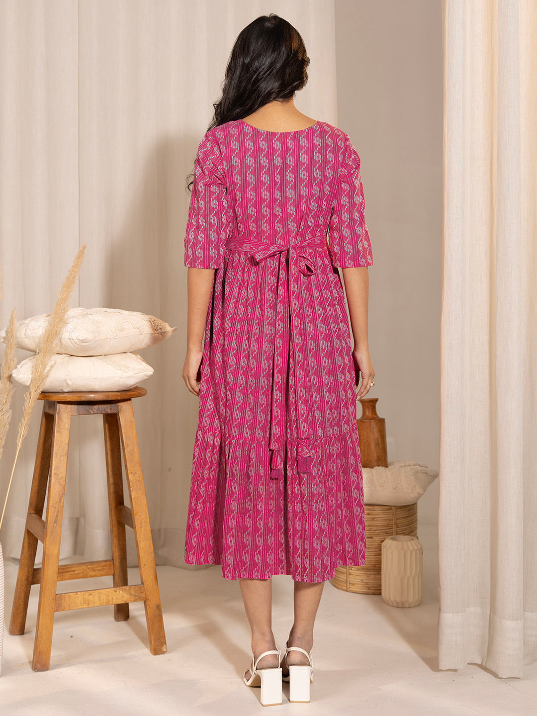 Janasya Pink Cotton Woven Design Casual Maternity Dress | Swadesiicart