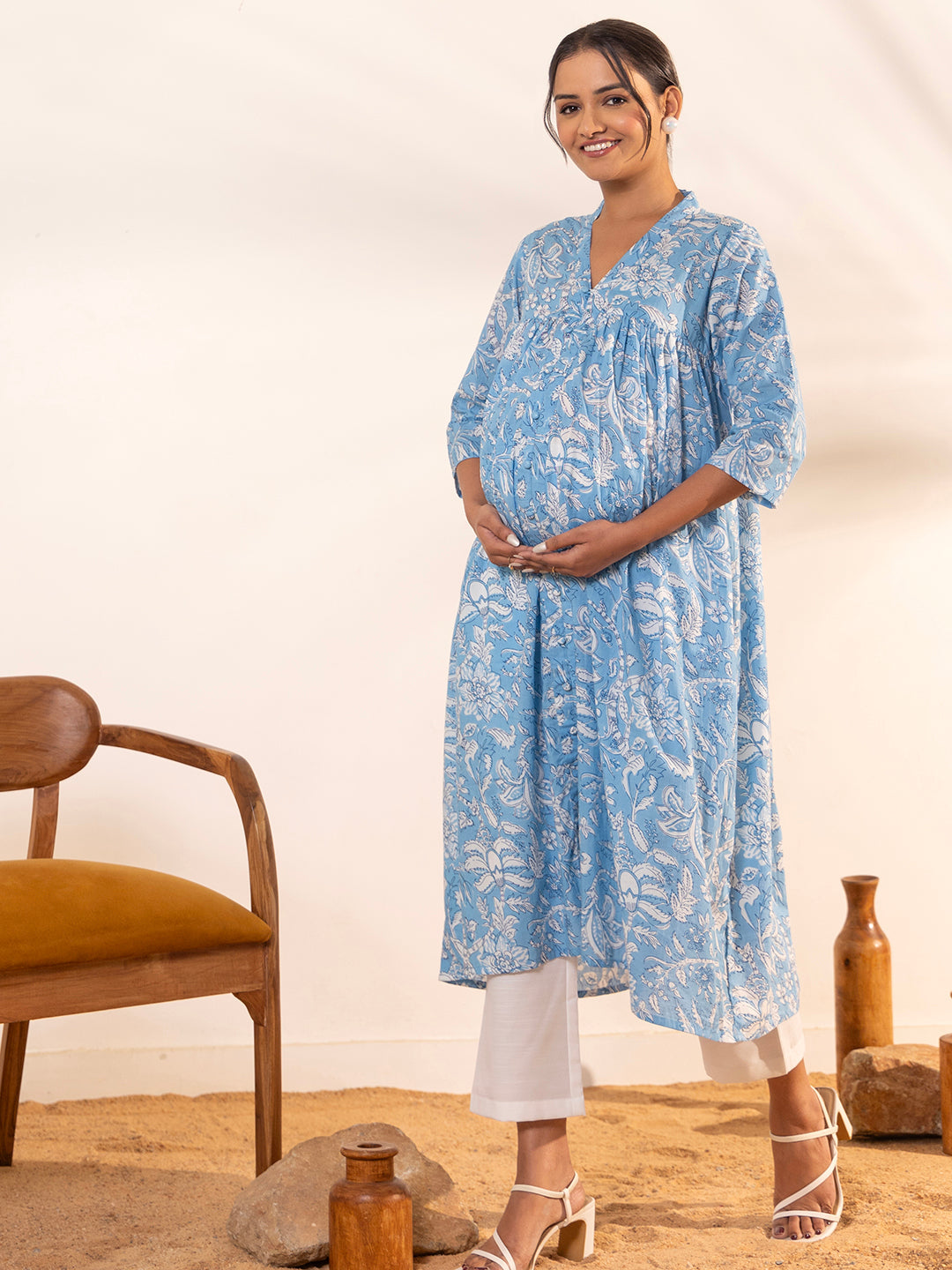 Janasya Sky Blue Cotton Floral Printed Casual Maternity Kurta | Swadesiicart
