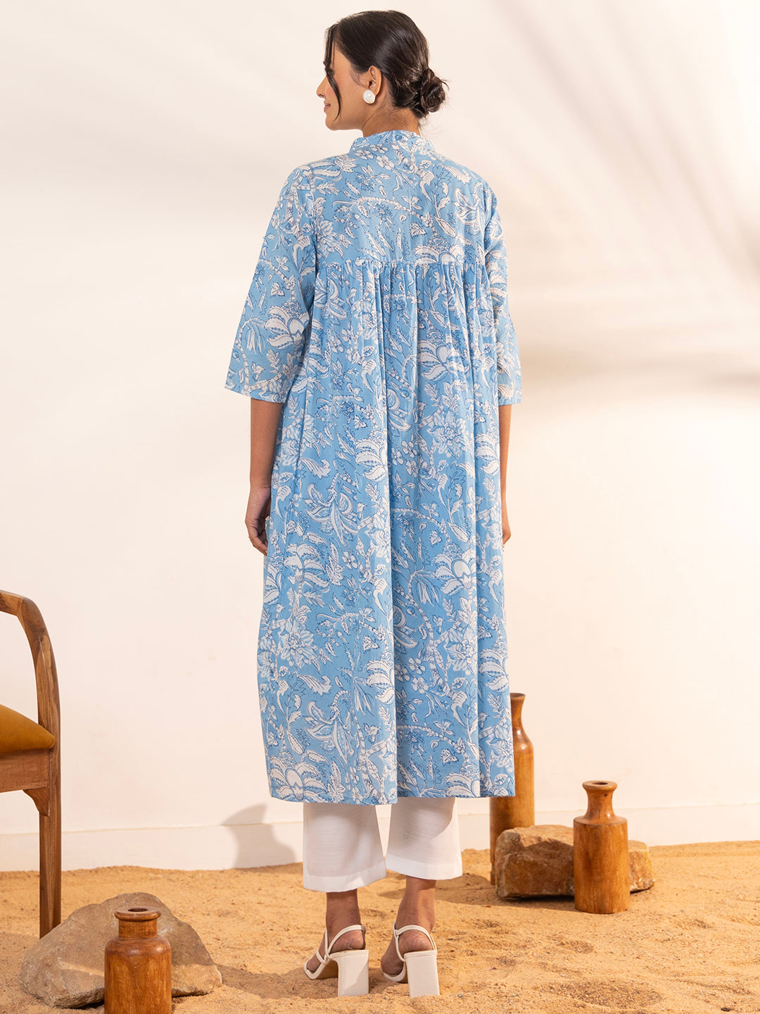Janasya Sky Blue Cotton Floral Printed Casual Maternity Kurta | Swadesiicart