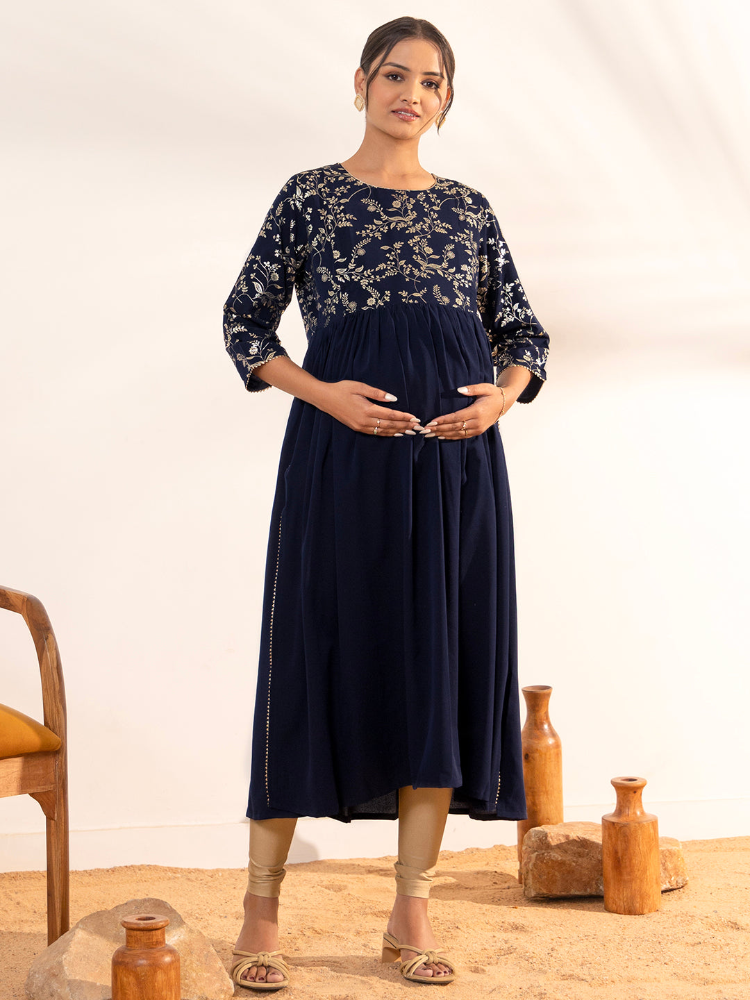Janasya Navy Blue Georgette Yoke Foil Printed Casual Maternity Kurta | Swadesiicart