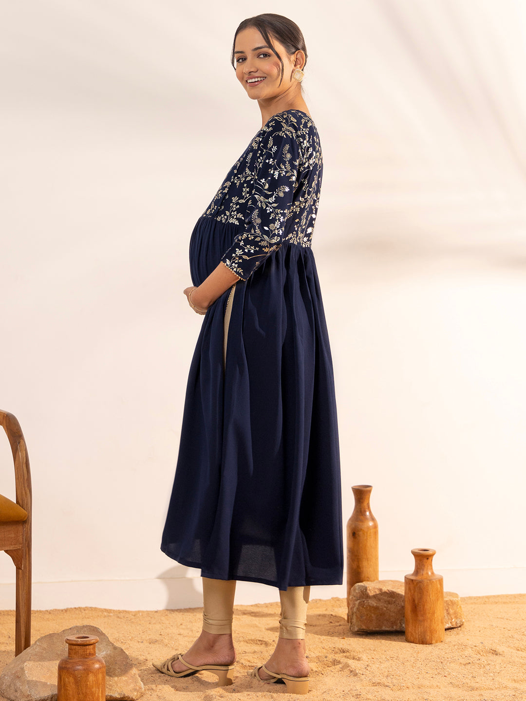 Janasya Navy Blue Georgette Yoke Foil Printed Casual Maternity Kurta | Swadesiicart