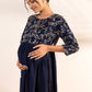Janasya Navy Blue Georgette Yoke Foil Printed Casual Maternity Kurta | Swadesiicart