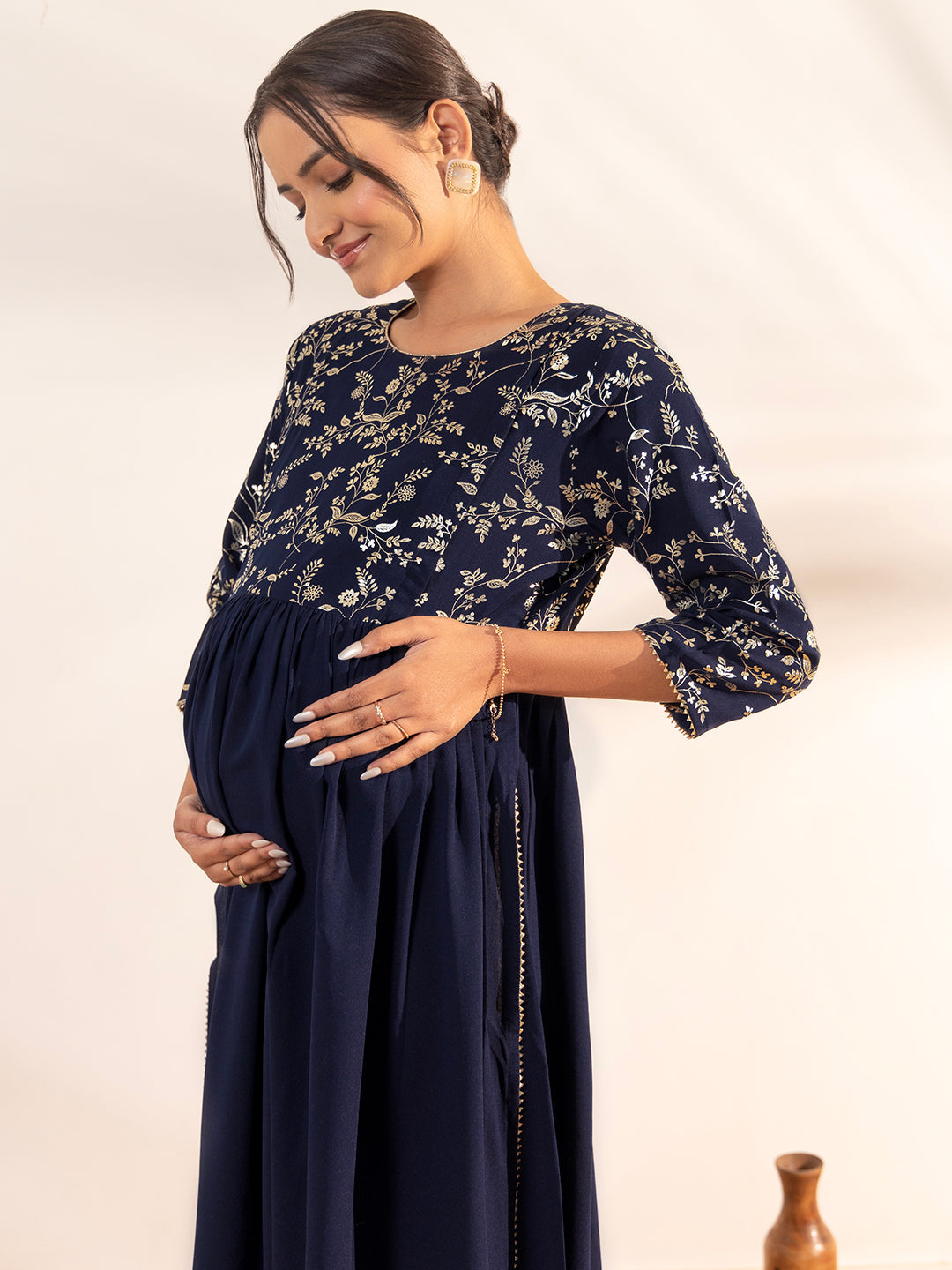 Janasya Navy Blue Georgette Yoke Foil Printed Casual Maternity Kurta | Swadesiicart
